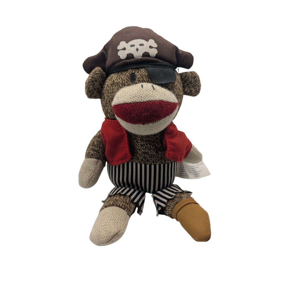Gemmy Industries Pirate Monkey Sock Monkey Plush 8" Red Vest Eye Patch Skull